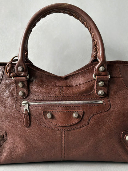 Balenciaga Part Time Chocolate Brown on Silver Lambskin Bag