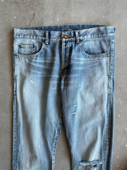 Saint Laurent Paris Distressed Light Wash Denim Pants