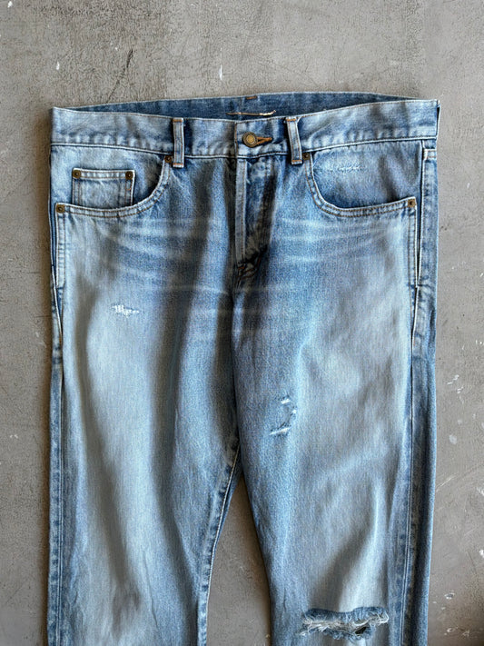 Saint Laurent Paris Distressed Light Wash Denim Pants