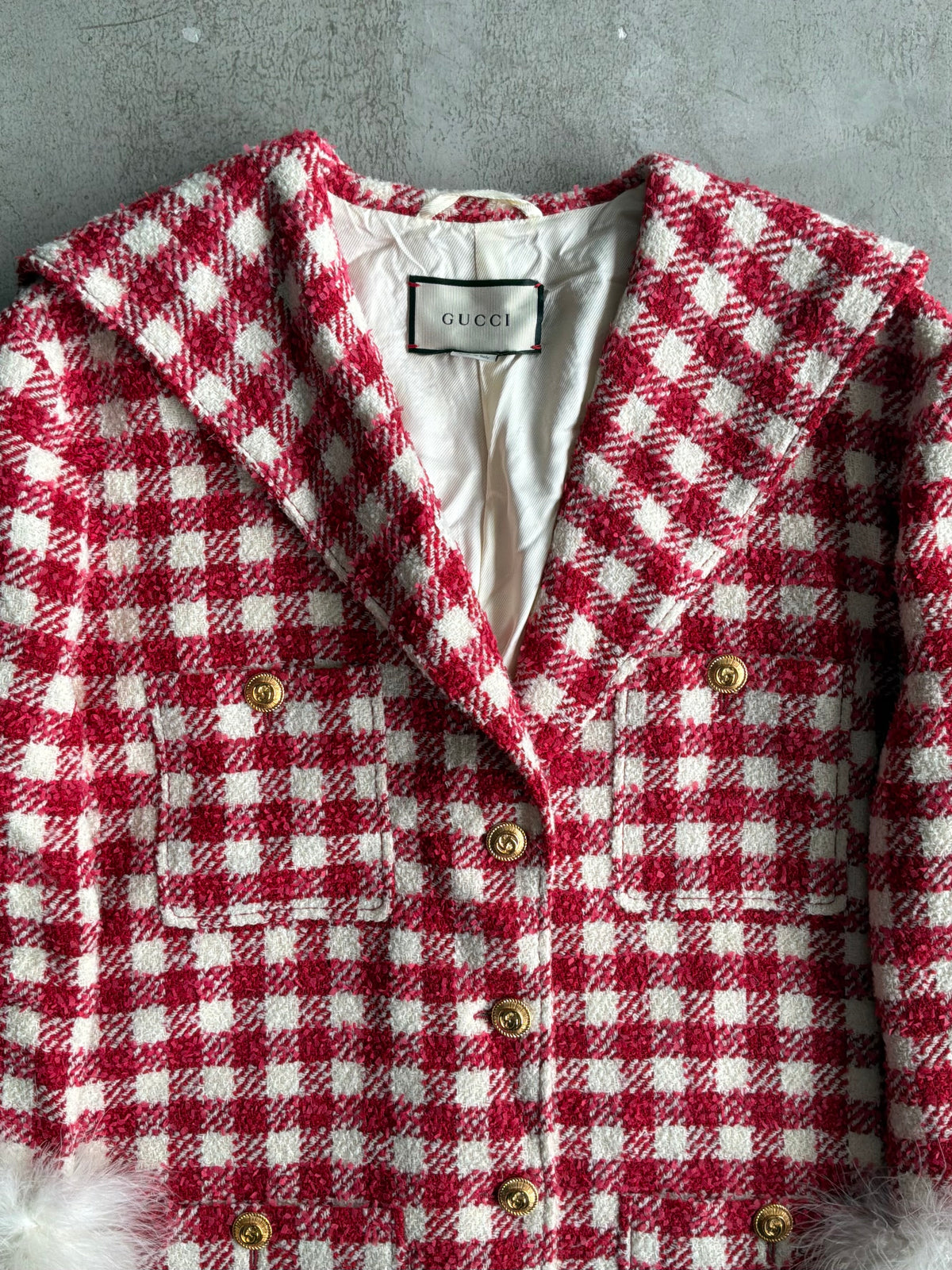 Gucci Red Tweed With Fur Sleeves Jacket