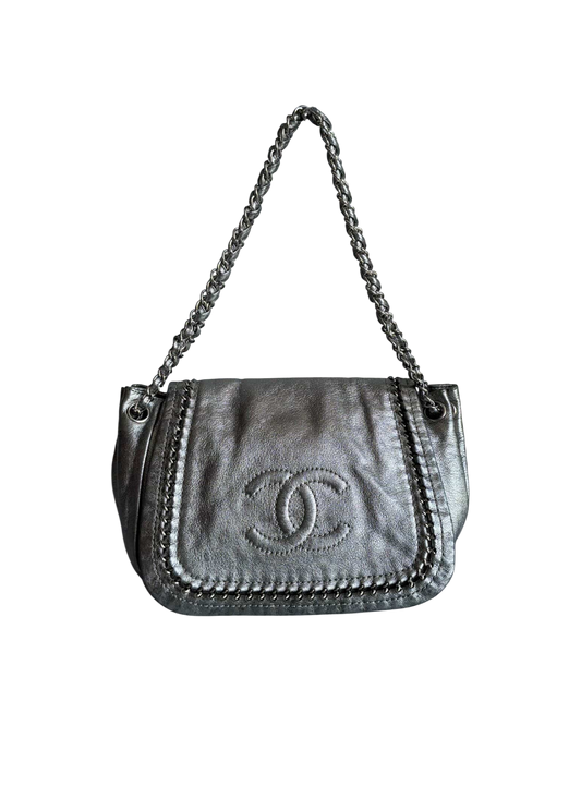 Chanel Metallic Silver Accordion Flap Shoulder Bag