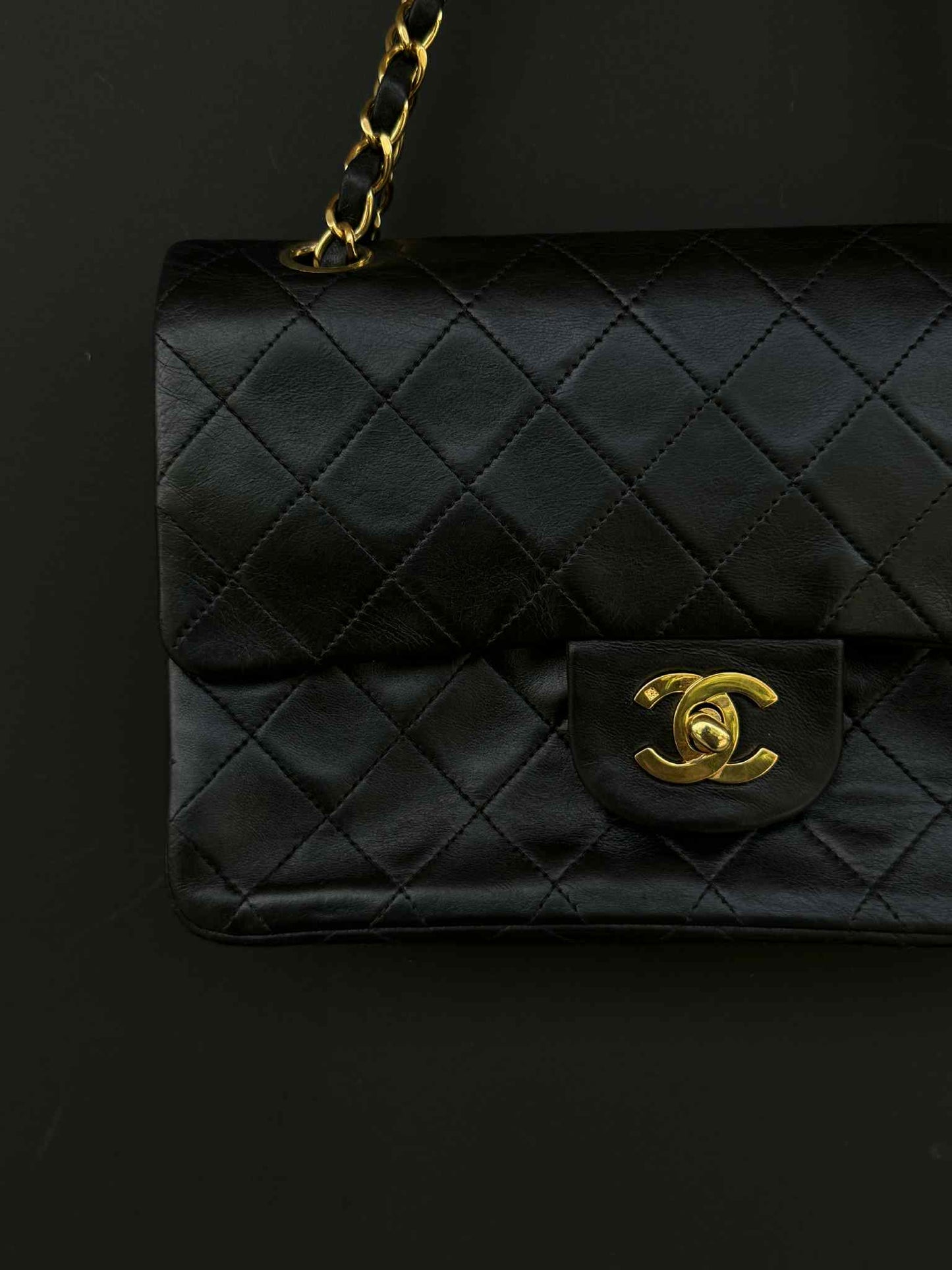 Chanel Vintage Gold on Black Meduim Double Flap Crossbody Bag
