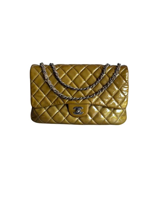 Chanel Classic Jumbo Single Flap Yellow Patent Handbag