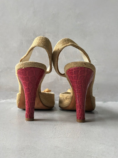 Prada Colorblock Pattern Bow Accent Slingback Pumps