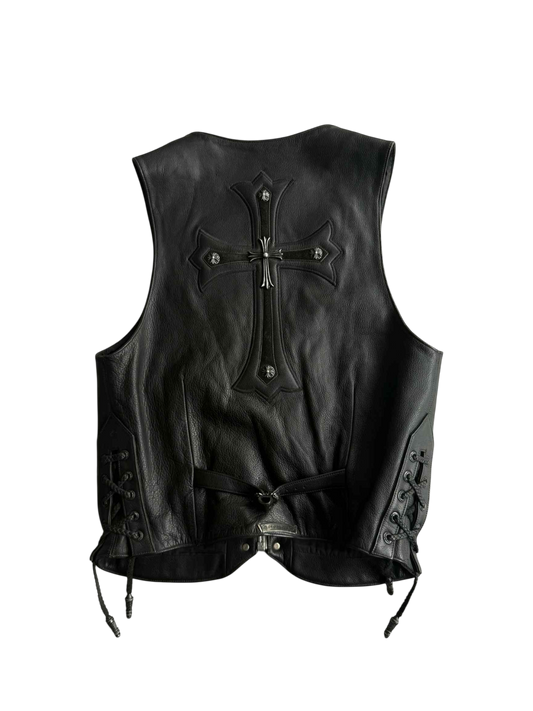 Chrome Hearts Shearling Lined Leather Silver Cross Vest