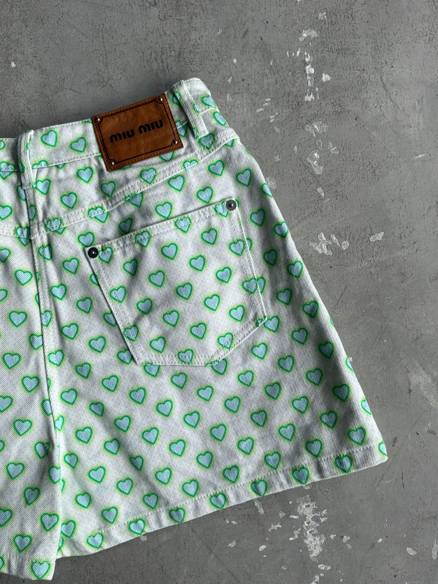 Miu Miu All Over Print Heart Denim Shorts