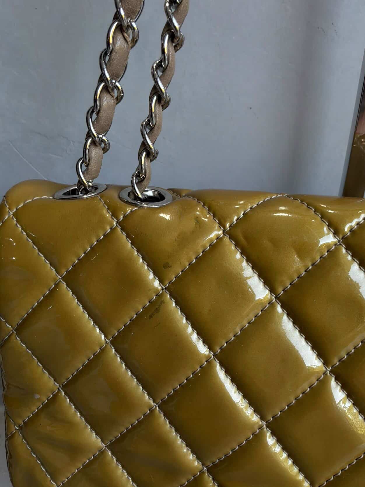 Chanel Classic Jumbo Single Flap Yellow Patent Handbag
