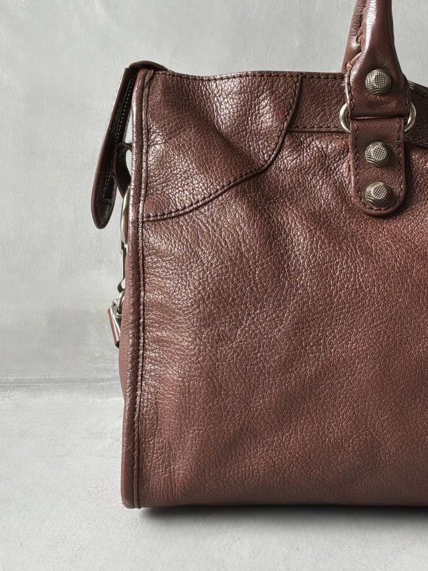 Balenciaga Part Time Chocolate Brown on Silver Lambskin Bag