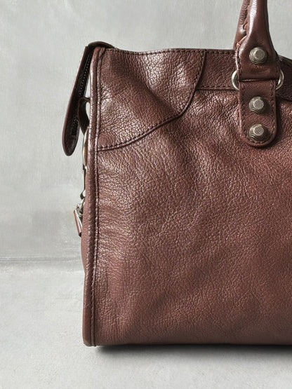 Balenciaga Part Time Chocolate Brown on Silver Lambskin Bag