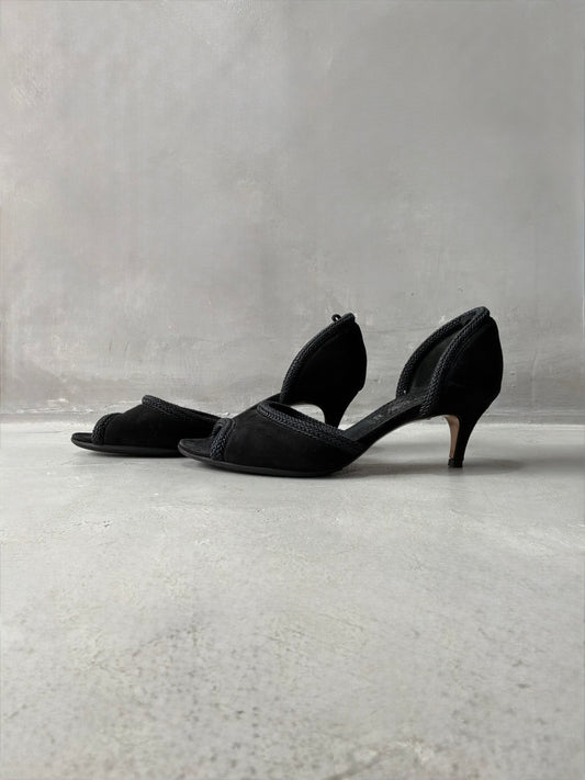 Vintage Loewe Suede Braided Peep Toe Heels