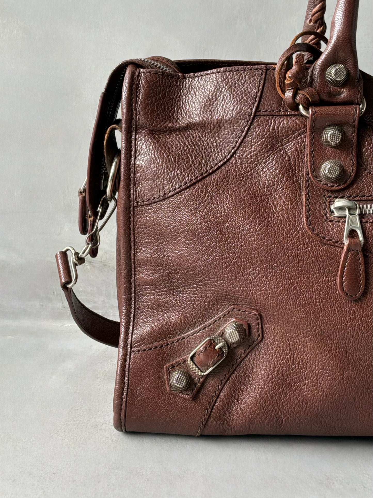 Balenciaga Part Time Chocolate Brown on Silver Lambskin Bag