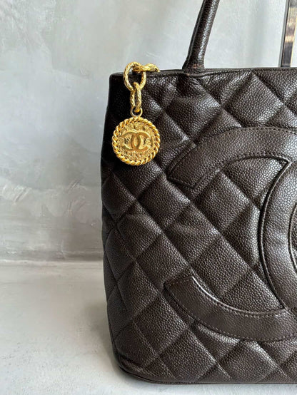 2002 Chanel Chocolate Brown Caviar Medallion Bag