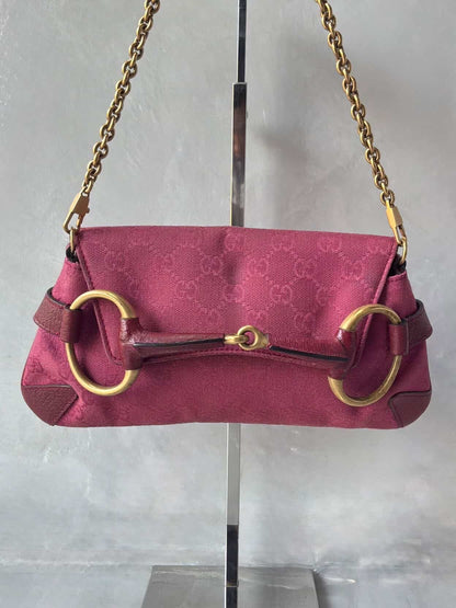 Gucci Pink Monogram Horsebit Chain Clutch/Shoulder Bag