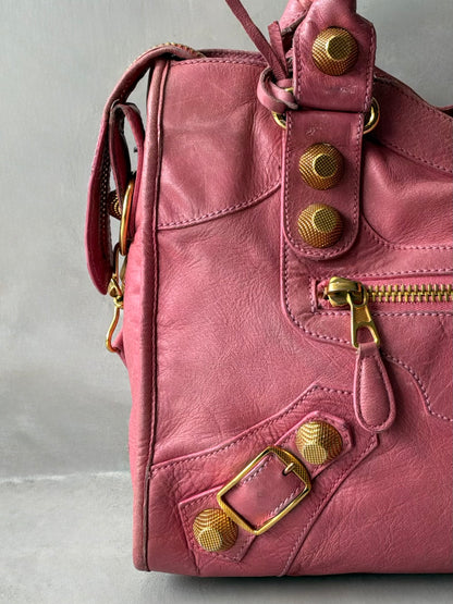 Balenciaga Classic City Pink on Gold Giant 21 Lambskin Bag