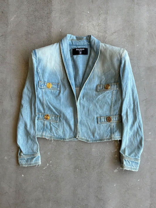 Balmain Womens Crop Denim Jacket