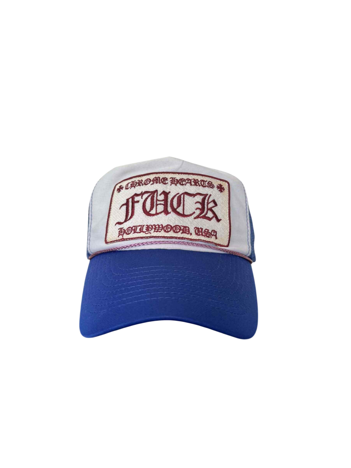 Chrome Hearts 90’s Red On Blue Fuck Tracker Hat