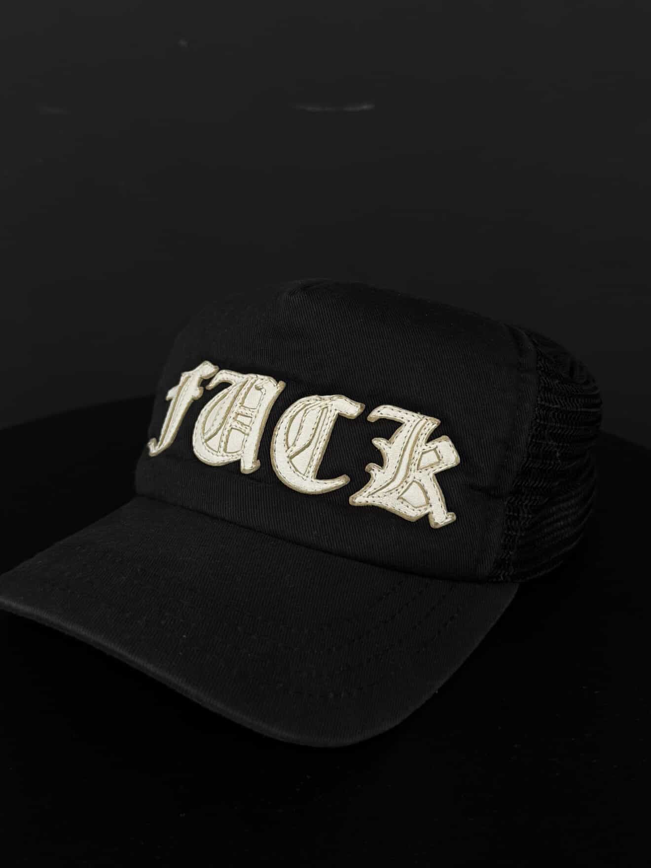 Chrome Hearts Vintage ‘FUCK’ Embroidered Leather Trucker Hat